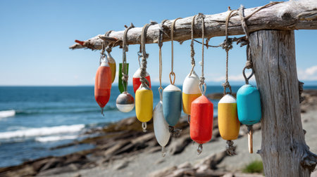 Vibrant fishing floats dangle from a rustic wooden post, capturing the essence of coastal life. A serene ocean view enhances the summer atmosphere.の素材