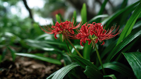 Captivating close-up photo of red spider lilies surrounded by green leaves in a tranquil garden setting, showcasing vibrant colors and natural beauty.の素材