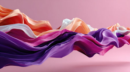A stunning display of vibrant silk fabric gracefully flowing in waves, set against a soft pink backdrop. This image captures the essence of movement and color.の素材