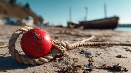 A vibrant red buoy rests on sandy beach, entwined with nautical rope, capturing the essence of summer by the water's edge in a tranquil harbor scene.の素材