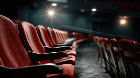 An inviting scene of empty red theater seats arranged in a modern cinema. Soft lighting creates a dramatic ambiance, ideal for capturing cinematic moments.の素材