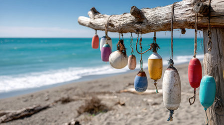 A striking image of colorful fishing buoys hanging from a weathered driftwood pole, with a serene ocean view and soft waves in the background, perfect for beach-themed projects.の素材