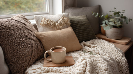 This image captures a cozy home interior featuring soft textiles, decorative pillows, and a warm blanket paired with a cup of hot beverage.の素材