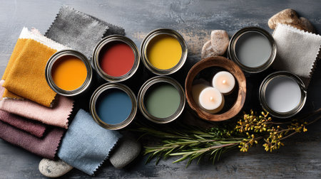 A stunning arrangement of colorful paint jars, fabrics, stones, and candles creates a warm, inviting atmosphere ideal for home decor projects and artistic inspiration.の素材