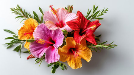 This stunning arrangement features a beautiful mix of tropical hibiscus flowers in vibrant colors against a light backdrop, showcasing nature's artistry.の素材
