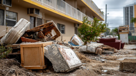 A striking image capturing the aftermath of a natural disaster, showcasing debris and destruction in an urban setting. The scene emphasizes the impact on homes and communities.の素材