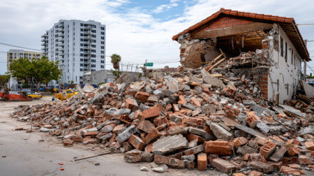 A dramatic scene showcasing the aftermath of a collapsed building in an urban environment, surrounded by rubble and debris, highlighting structural damage.の素材