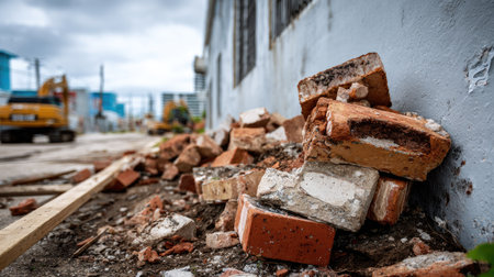 A close-up view of a pile of bricks and debris scattered on a construction site, showcasing the rugged textures and urban background under a cloudy sky.の素材