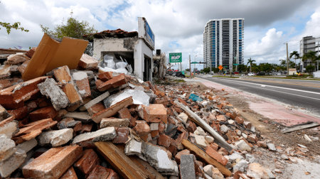 A scene showcasing a contrasting urban landscape featuring a pile of construction debris next to a modern high-rise building, representing urban decay and renewal.の素材