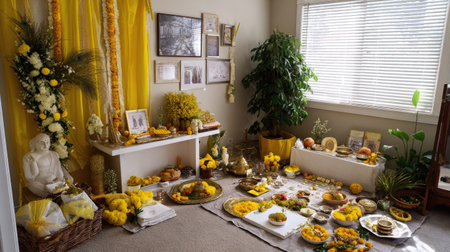 A vibrant indoor space filled with shades of yellow, featuring various fruits, flowers, and decorative elements, creating a warm and festive atmosphere.の素材