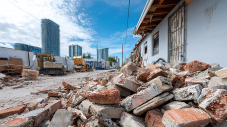 A vibrant construction site showing piles of bricks and debris in the foreground, with urban buildings and a blue sky in the background, depicting development.の素材