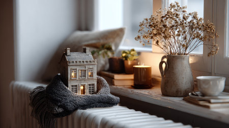 A charming interior scene showcasing a miniature house surrounded by dried flowers, warm lighting, and cozy decor elements that evoke relaxation.の素材