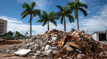 A striking image featuring a large pile of construction debris surrounded by tall palm trees under a clear blue sky, representing urban activity and nature.の素材