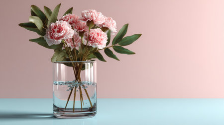 A beautiful arrangement of pink carnations in a clear glass vase, complemented by lush green leaves, set against a soft, pastel background. Perfect for decor.の素材