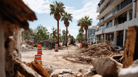 A vibrant urban construction zone featuring heavy machinery and palm trees, highlighting the dynamic nature of ongoing development and renovation.の素材