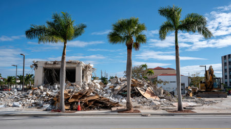 A vivid scene of an urban demolition site featuring palm trees, debris from a wrecked building, and heavy machinery, showcasing construction activity.の素材
