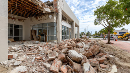 A demolished building exterior showcases scattered rubble and cracked walls under a clear blue sky, highlighting urban construction and renovation efforts.の素材