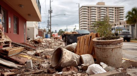 This image captures the aftermath of a storm, showcasing urban debris and destruction on the street. Broken materials and abandoned items are visible, reflecting the impact of the disaster.の素材