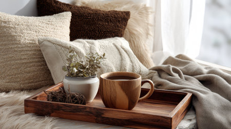 This image captures a cozy living space featuring a wooden tray with a coffee mug, soft cushions, and a touch of greenery, evoking warmth and tranquility.の素材