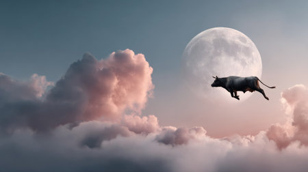 A surreal image of a cow leaping through soft clouds beneath a glowing full moon, evoking feelings of whimsy and imagination in a magical night sky.の素材