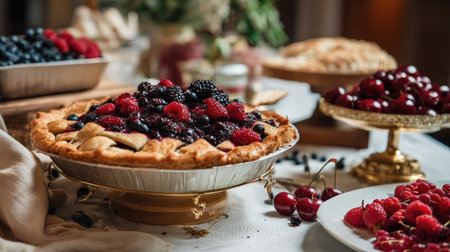 A beautiful display of assorted fruit pies featuring vibrant berries atop a golden pastry crust, set on a rustic table. Perfect for celebrations.の素材