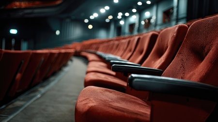 A close-up view of empty red theatre seats in a modern cinema, showcasing comfortable seating arranged in elegant lines with soft lighting ambiance.の素材