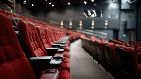 This image showcases a modern cinema interior featuring empty red velvet seats arranged in neat rows, perfect for advertising a movie screening experience.の素材