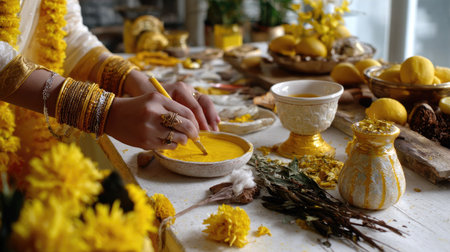 This vibrant image showcases hands delicately mixing yellow powder amidst a traditional festive setup. Fresh lemons and flowers enhance the atmosphere of creativity and celebration.の素材