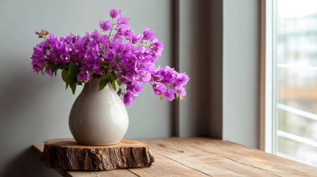 A beautiful arrangement of vibrant purple bougainvillea flowers in a white ceramic vase, placed on a wooden table near a window, creating a serene atmosphere.の素材