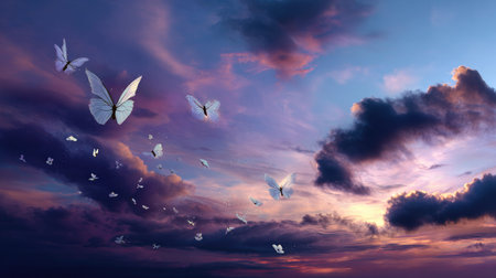 A stunning display of delicate butterflies floating through a vibrant twilight sky filled with soft clouds. The captivating colors create a serene atmosphere, perfect for evoking feelings of freedom and beauty in nature.の素材