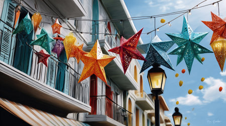 A lively street adorned with colorful decorative stars and lanterns creates a cheerful ambiance. The vibrant city scene invites festive celebrations and joy.の素材