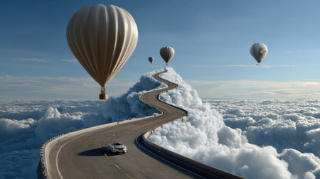This surreal image features a winding roadway soaring through fluffy clouds, adorned with colorful hot air balloons, suggesting a whimsical journey through the sky.の素材