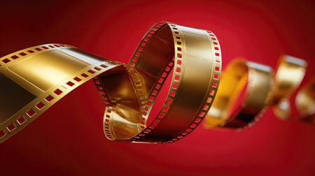 This vibrant image showcases a twisted film strip in a striking gold color against a rich red background, perfect for creative designs or film-related projects.の素材
