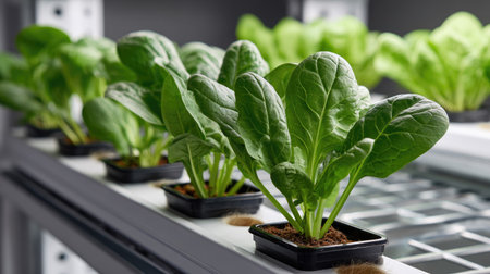 This image showcases vibrant green leaves of lettuce thriving in a hydroponic system, illuminated by LED lights. Ideal for promoting sustainable farming practices.の素材