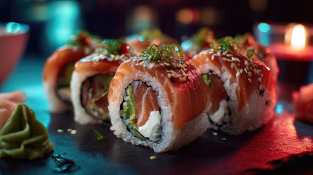 A visually striking arrangement of fresh sushi rolls featuring salmon and avocado, garnished with wasabi and ginger on a sleek slate plate, perfect for food enthusiasts.の素材