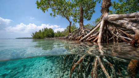 A stunning view of a mangrove forest with exposed roots, surrounded by crystal clear water under a bright blue sky, showcasing natural beauty and serenity.の素材