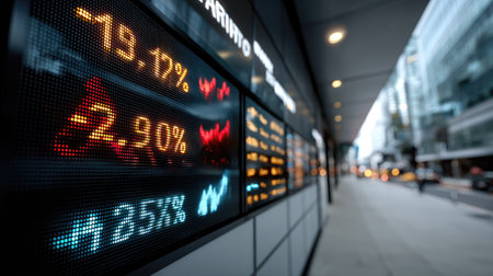A close-up view of a digital display board showing stock market prices and trends in an urban setting. This image captures the dynamics of finance and investment.の素材