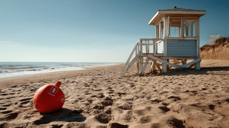 A serene scene of a lifeguard station on a sandy beach, featuring a bright orange buoy in the foreground, with calm ocean waves and clear blue skies.の素材