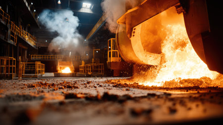 Dramatic scene of molten metal being poured in an industrial foundry, showcasing the intense heat and dynamic atmosphere of metalworking processes.の素材