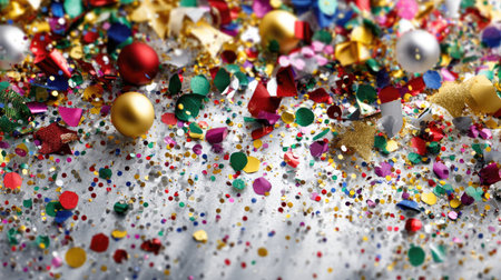 A vibrant display of confetti and Christmas ornaments scattered over a white surface, creating a cheerful atmosphere perfect for festive celebrations.の素材