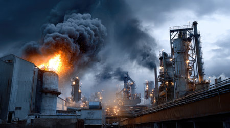 A dramatic industrial scene featuring towering factory structures, flames, and heavy smoke against a dark stormy sky, conveying a sense of urgency and risk.の素材