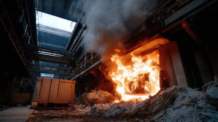 A dramatic scene of an industrial warehouse engulfed in flames, with thick smoke rising and billowing in a dangerous urban environment filled with potential hazards.の素材