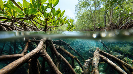 Explore the serene underwater view of mangrove roots, showcasing vibrant foliage and a rich aquatic ecosystem under clear blue water.の素材
