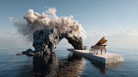 This stunning image captures a grand piano placed on a rock formation by the water's edge, surrounded by calm seas and dramatic clouds, evoking serenity and creativity.の素材