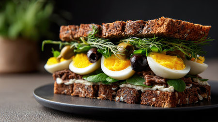 A stunning open-faced sandwich featuring layers of boiled eggs, fresh greens, and aromatic herbs on nutritious dark bread, perfect for any meal.の素材