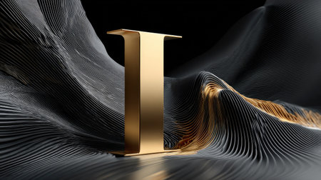 This stunning image features an elegant golden letter set against a backdrop of flowing black and gold textures, showcasing intricate patterns and a modern aesthetic.の素材