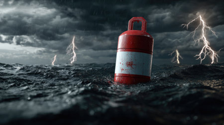 A stunning visual of a buoy rising from turbulent ocean waters under a dramatic storm sky, illuminated by striking lightning, showcasing nature's fury.の素材