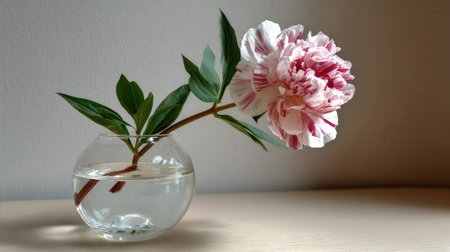A beautiful peony flower rests gracefully in a clear glass vase filled with water, creating a serene ambiance. The vibrant colors and delicate petals enhance any decorative space.の素材