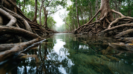 This serene scene captures a calm river winding through a dense mangrove forest, with intricate roots exposed and mirrored in tranquil waters.の素材
