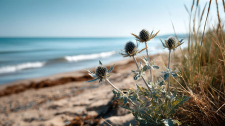 A serene view of coastal thistles growing near the sandy shore, with calm waves lapping against the beach under a clear blue sky. Perfect for nature lovers.の素材